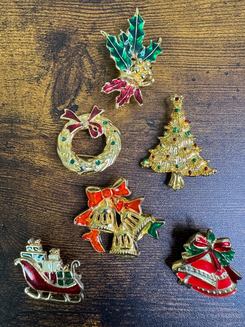 Vintage Gold-Tone and Enamel Christmas Brooch Pin Bundle